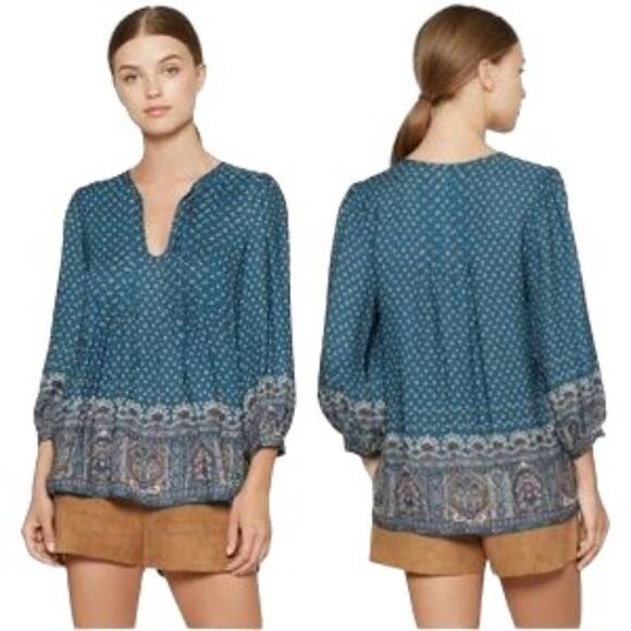 JOIE 100% Silk Rinjani Blouse in Teal Blue  Boho Peasant  SZ S - Picture 2 of 12